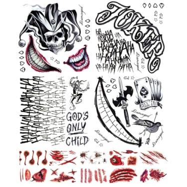 Imagem de Tatuagens de Coringa Temporárias de Halloween - 14 Folhas de Tatuagens Temporárias para Crianças e Homens Adesivos de Tatuagem Falsa Coringa Fantasia Fantasia Cosplay Acessórios de Festa Maquiagem