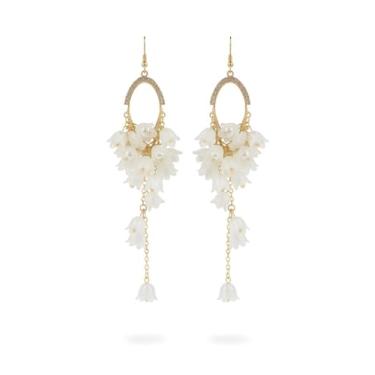 Imagem de Brinco Flor Longo Branco Resina Zirconia Cravejado Anzol-Brincos Floral Flores Rosas Brancas Alongado Pendente Brilhante-Noiva Casamento Civil Madrinha Boho Presente Feminino Amiga Esposa Namorada