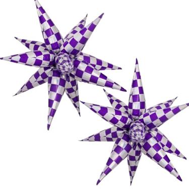 Imagem de Balão de estrela quadriculado roxo e branco de 81 cm, decoração de festa grande de estrela explosiva para aniversário de princesa, tema de unicórnio, casamento, formatura, chá de bebê