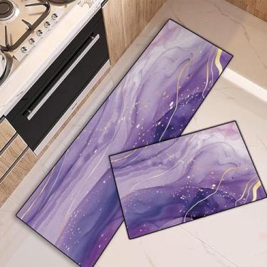 Imagem de EDGZKO Tapetes de cozinha mármore roxo: 2 peças abstrato roxo e dourado conjunto de tapetes de cozinha tapete lavável para pia de chão, sala de jantar, lavanderia, corredor, escritório em casa, 51 x