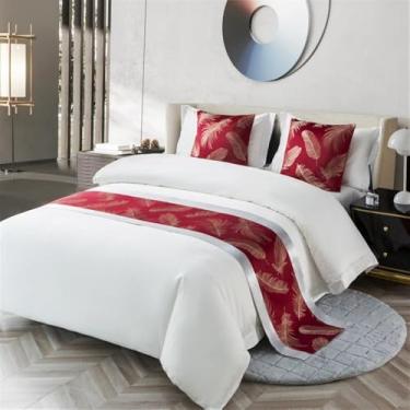 Imagem de Cachecol de corredor de cama de hotel, moderno, com estampa de penas, decorativo, macio, sem desbotamento, protetor de colcha, luxuoso e simples, cachecol para cama de solteiro queen size - vermelho||