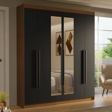 Imagem de Guarda-Roupa Casal 6 Portas Batentes com Espelho Rustic/Preto/Preto Saturno Madesa