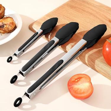 Imagem de Conjunto de 3 pinças de cozinha com pontas de silicone, pinças para cozinhar resistentes ao calor - 17,8 cm 22,9 cm e 30,5 cm de silicone antiaderente, preto