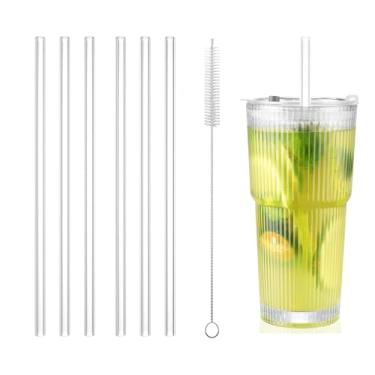 Imagem de Conjunto de 6 canudos de vidro reutilizáveis, tamanho 20 x 8 mm, canudos de vidro de borossilicato transparente com 1 escova de limpeza, ecológico, resistente ao calor, perfeito para batidos, suco