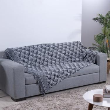 Imagem de Manta Xale Decorativa Luxor, Tecido Jacquard Geométrico, Cinza e Branco, 210 x 135 cm, com Franjas, Dupla Face, para Sofá e Poltrona (Preto Palmeira)