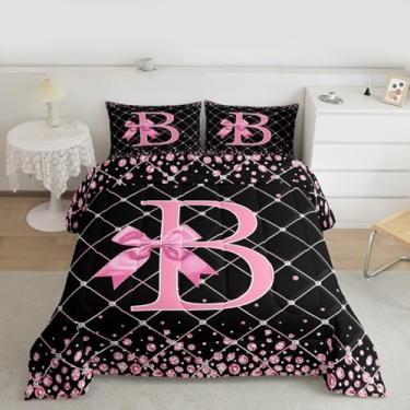 Imagem de Feelyou Conjunto de edredom com laço rosa, solteiro, letra B, para crianças, meninos, meninas, princesa, glitter, laço e alfabeto, decoração de quarto, microfibra, 2 peças com 1 fronha