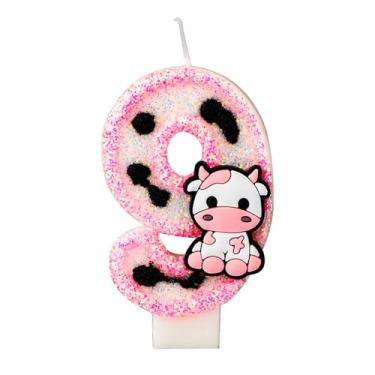 Imagem de Vela de bolo de aniversário de vaca, vela de aniversário brilhante de vaca rosa linda estampa de vaca número vela topo de bolo vela decorações de bolo de aniversário impressão de vaca decorações de