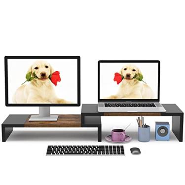Imagem de Suporte para monitor duplo para 2 monitores de 53 cm de comprimento e ângulo ajustável para mesa de trabalho para TV e laptop, organizador de armazenamento para monitor