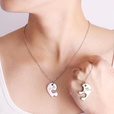 Imagem de Conjunto de 2 peças de colar romântico para casais "Her King & His Queen", em aço inoxidável, clássico, para homens e mulheres, Adjustable, Aço inoxidável, Sem Pedra Preciosa