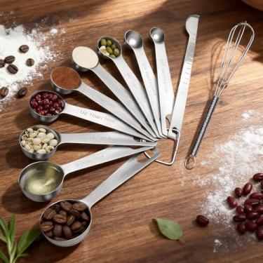 Imagem de Conjunto de 11 colheres medidoras de batedores de aço inoxidável nivelador de vários tamanhos medidas precisas cozinhar assar