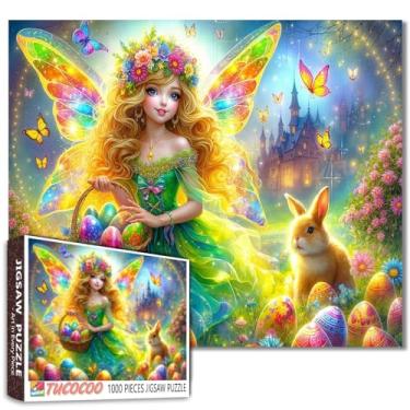 Imagem de Quebra-cabeça Fairy Girl 1000 peças para adultos Feliz Páscoa Coelhinho da Páscoa 1000 peças quebra-cabeça animal coelho, castelo DIY artesanato mágico quebra-cabeça arte decoração sala de estar