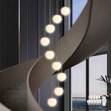 Imagem de KoKo&Yukina Luminária Pendente De Vidro Branco Leitoso Com 9 Lâmpadas, Comprimento Ajustável, Luminária Pendente Moderna De Vidro, Lustre Dourado, Lustre Grande Para Tetos Altos, Hall De Entrada