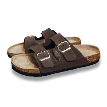 Imagem de Titype Sandálias deslizantes com palmilha de cortiça para mulheres e homens com suporte de arco, fivela ajustável, couro legítimo, confortável, verão, exterior, praia, sandália, Marrom, 15 Women/13.5