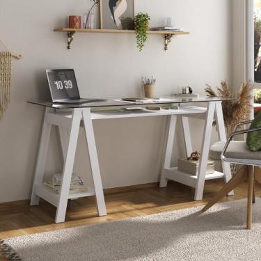 Imagem de Escrivaninha Mesa Escritório com Tampo de Vidro e Pés em Cavalete 2 Pr