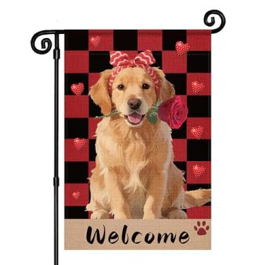 Imagem de HOOSUN Bandeira de jardim dos namorados dupla face 30 x 45 cm, decorações de dia dos namorados ao ar livre, pequena bandeira de jardim para fora, grades vermelhas e pretas exclusivas bandeiras de