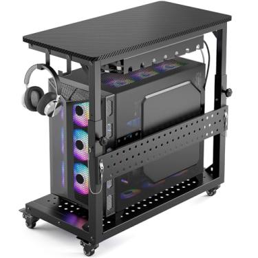 Imagem de GreenForest Suporte para PC para jogos com rodas, altura ajustável e gerenciamento de cabos, capa E-ATX de 2 camadas, suporte de torre de computador com placa de suporte para CPU, impressora