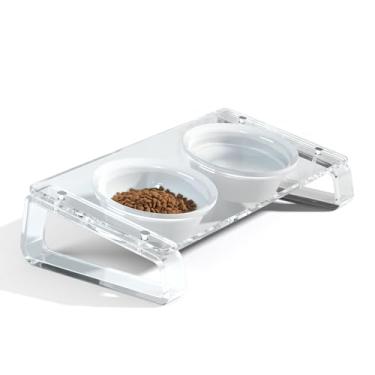 Imagem de AITEE Conjunto de tigelas elevadas de acrílico transparente para cães e gatos, tigela inclinada para cães com 2 conjuntos de tigelas de cerâmica removíveis, tigelas elevadas para comida e água para