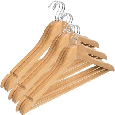 Imagem de Kit 9 Cabides Madeira Envernizado Barra Calça Gancho Cromado