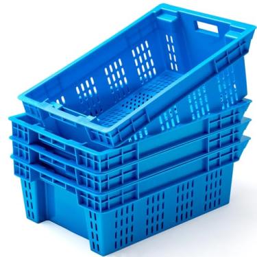 Imagem de Colingmill Pacote com 4 recipientes de armazenamento com manuseio, 60 x 40 x 20 cm caixas ventiladas para ninhos agrícolas e pilhas caixas de leite azuis para agricultores armazém armazenamento de