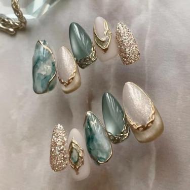 Imagem de Pressionar unhas curtas médias amêndoas olho de gato com cola falsa com design dourado 3D glitter cobertura completa bastão falso artificial em unha de acrílico para mulheres uso diário, 24 peças