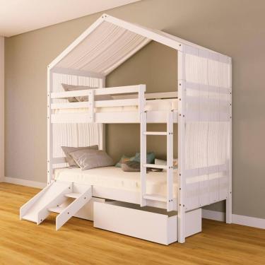 Imagem de Beliche Solteiro Casinha com Gavetas Cortina e Kit Escada/Escorregador Madeira Maciça Branco Megamobilia