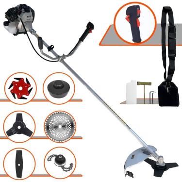 Imagem de Roçadeira Toyama TBC43H À Gasolina 1,7HP 43cc Com Lâmina Facão + Lâmina 3 Pontas + Lâmina 6 Pontas + Disco 40 Dentes Vídea + Trimmer + Carretel Nylon