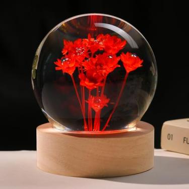 Imagem de ZRENJHUS Bola de cristal de flor 6 cm margarida vermelha bola decorativa flor luz noturna presentes românticos para mulheres menina mãe com base de iluminação colorida