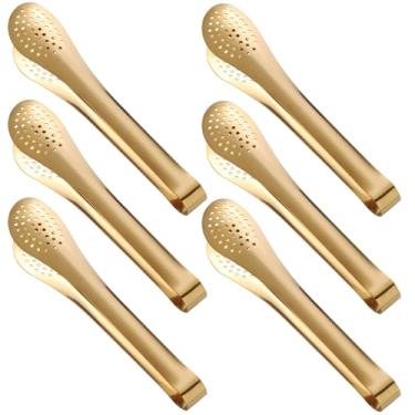 Imagem de 6 pinças elegantes de aço inoxidável douradas, utensílios de festa para churrasco, multiuso para pão, carne, salada e alimentos sortidos