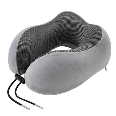 Imagem de DITSONEO Travesseiro de pescoço de viagem de espuma viscoelástica para aviões, travesseiro de pescoço portátil ajustável para viagens, passeios de carro, avião para dormir, cinza claro