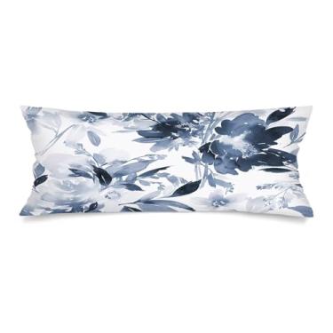 Imagem de Capas de almofada lombar floral azul e branco 35,5 x 91,5 cm (14 x 36") azul marinho flores aquarela capa de travesseiro longo para cama, fronha com fecho de envelope, capa de almofada decorativa boho