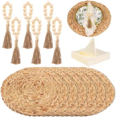 Imagem de Conjunto de 6 jogos americanos Boho de jacinto de água com anéis de guardanapo de contas de madeira e guardanapos de jantar elegantes para decoração de mesa