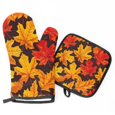 Imagem de Luvas de forno antiderrapantes para cozinha, luvas de forno resistentes ao calor e conjuntos de suportes de panela para cozinhar, churrasco, assar, decoração de cozinha, folhas