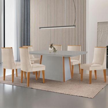 Imagem de Mesa De Jantar Diane 180cm Tampo Mdf Vidro 6 Cadeiras Lisboa Moderna Veludo Creme Off White Serigrafia