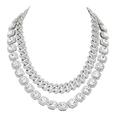 Imagem de Ten Miro Conjunto de colares de tênis de prata para mulheres e homens, corrente de tênis de diamante quadrado agrupado e coração de strass, colar de diamante em camadas para homens e mulheres, joias