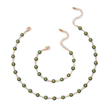 Imagem de Pingyongchang Conjunto de colar e pulseira de margarida para mulheres - gargantilha esmaltada boêmia, joia de girassol dourada feita à mão para festa e praia, Metal, Metal
