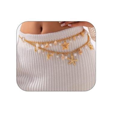 Imagem de Corrente de cintura de sereia, estrela do mar, para mulheres, moderno, cinto de concha, boêmio, pérola, estrela-do-mar, acessórios de sereia, presentes de Natal, adjustable, liga metálica, Sem Pedra