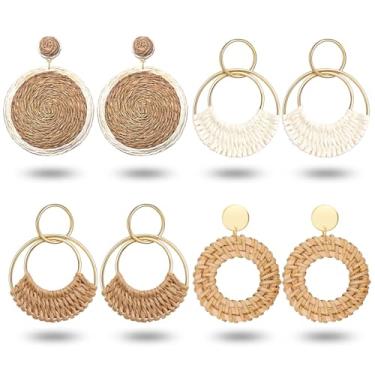 Imagem de 4 pares de brincos boêmios para mulheres, conjunto de brincos de praia de verão feitos à mão em vime com pingente de borla, joias de férias, One Size, Rattan, Sem pedra preciosa