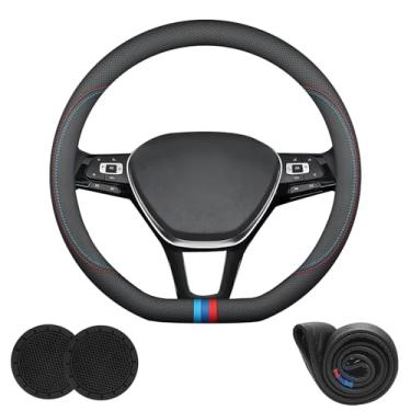 Imagem de Capa de volante de carro em forma de D e redonda de couro napa universal para Volkswagen Atlas Jetta Taos Tiguan Golf Beetle Polo Acessórios, antiderrapante e respirável com logotipo, fundo plano de