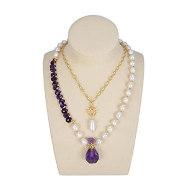 Imagem de URMIBDAI Colar com pingente feminino de ametista facetada roxa pérola de arroz branco pingente de gota de água ametista para mulheres