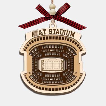 Imagem de CoCray66 Ornamento de madeira do estádio de Dallas, enfeite de árvore de Natal de madeira de 4 camadas de estádio de futebol com laço vermelho e contas, presente de lembrança de viagem para amigos fãs