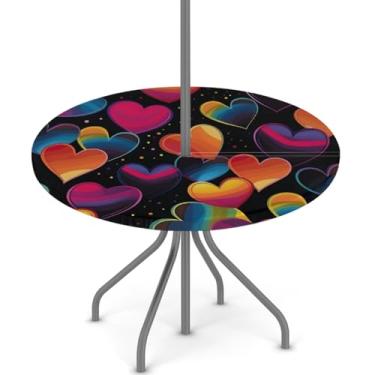 Imagem de hongjinglin Toalha de mesa ajustada para dia dos namorados ao ar livre com orifício para guarda-chuva, toalha de mesa redonda elástica com zíper, impermeável, limpável, para piquenique, festa, pátio