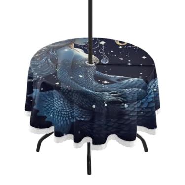 Imagem de ATTX Linda toalha de mesa redonda sereia ao ar livre – 152 cm, impermeável, à prova de derramamento, uso interno/externo, com orifício para guarda-chuva com zíper para acampamento, piquenique, praia