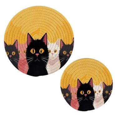 Imagem de Blueangle 2 peças de suporte de panela trivet fileira de gatos - conjunto de pegadores de panela de tecido redondo - almofadas quentes trançadas de algodão - porta-copos - tapetes de mesa para