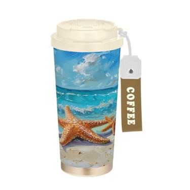 Imagem de SEHANY Caneca de viagem Summer Sea Beach Starfish 482 g Copos de café reutilizáveis revestidos de cerâmica com tampa à prova de vazamento, parede dupla, isolamento a vácuo, copo de café de aço