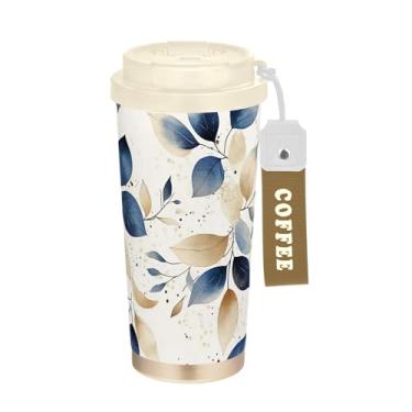 Imagem de SEHANY Caneca de viagem Green Leaves de 482 ml Copos de café reutilizáveis revestidos de cerâmica com tampa à prova de vazamento, parede dupla, isolamento a vácuo, copo de café de aço inoxidável para