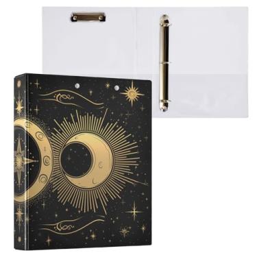 Imagem de Blueangle Fichário com 3 anéis de sol e lua dourados com prancheta e 2 bolsos - Organizador de documentos decorativos de 3 cm para escritório, suprimentos para reuniões (350)