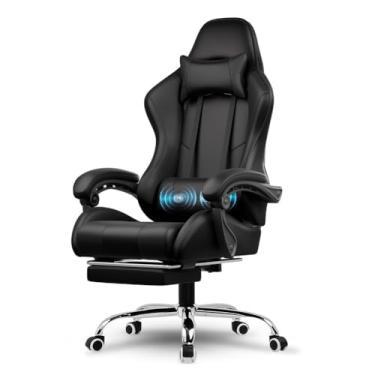 Imagem de HGTRH Cadeira de jogos com apoio para os pés, cadeira ergonômica para computador com apoio de cabeça massagem lombar apoio de cabeça 90°-135° reclinável ajustável 360° giratório preto