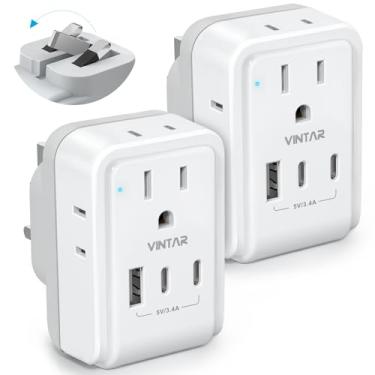 Imagem de Pacote com 2 adaptadores de plugue dos EUA para o Reino Unido, adaptadores dobráveis VINTAR para viagem, adaptador tipo G para viagens com 4 tomadas e 3 entradas USB (2 portas USB C) para EUA para