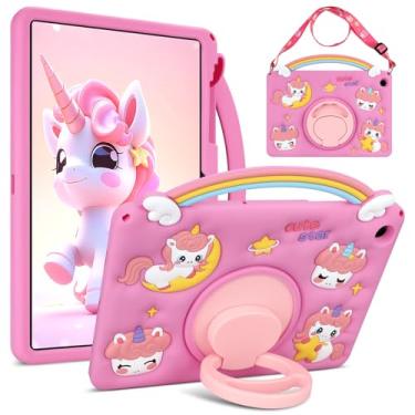 Imagem de VOFUOE Capa protetora de silicone macio para Samsung Galaxy Tab A9 Plus com alças de ombro com suporte giratório de 360° arco-íris unicórnio macio para Galaxy Tab A9+ 28 cm 2023 - rosa choque