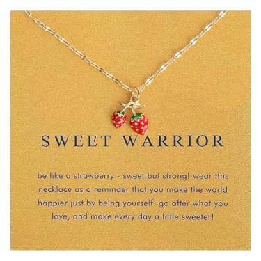 Imagem de Colar com Pendente de Morango e Cartão Inspirador, Delicado Colar da Sorte com Morango Joia Inspiradora Amizade para Mulheres Mãe Irmã e Amiga
